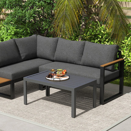 Rectangular Outdoor Patio Side Table with Steel Frame and Slat Top - Grey