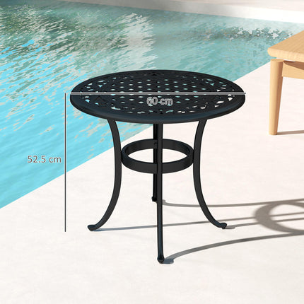 60cm Round Outdoor Garden Side Table with Hollow Top Cast Aluminium Frame - Black