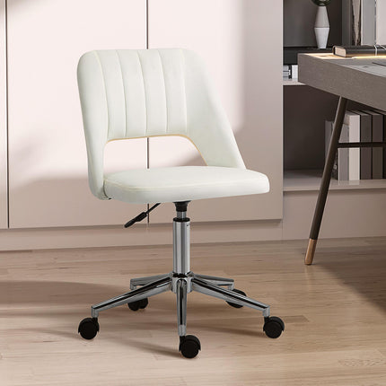 Armless Velvet-Feel Office Chair with Swivel and Wheels - Cream White