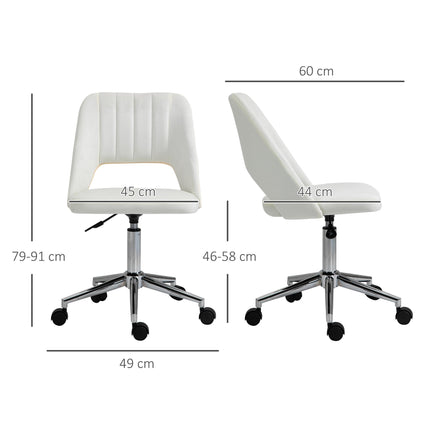 Armless Velvet-Feel Office Chair with Swivel and Wheels - Cream White