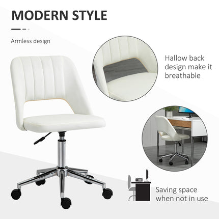 Armless Velvet-Feel Office Chair with Swivel and Wheels - Cream White