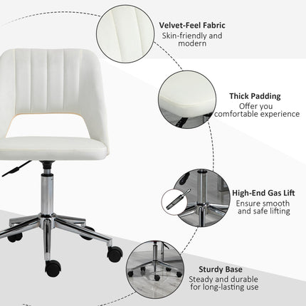Armless Velvet-Feel Office Chair with Swivel and Wheels - Cream White