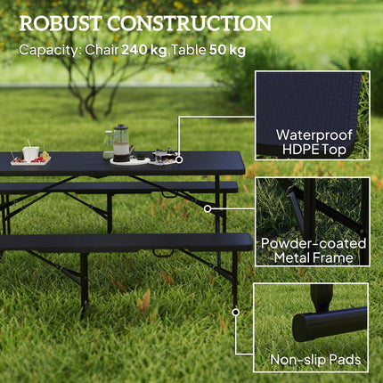 Portable Folding Rattan Effect Picnic Table Set for Outdoor Dining - Black