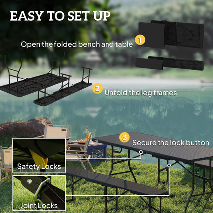 Portable Folding Rattan Effect Picnic Table Set for Outdoor Dining - Black