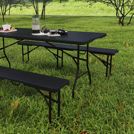 Portable Folding Rattan Effect Picnic Table Set for Outdoor Dining - Black