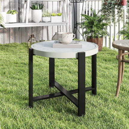 Round Small Garden Table, 60cm Outdoor Side Table with Faux Marble Tempered Glass Top, Aluminium Frame for Garden, Patio, Balcony, Light Grey