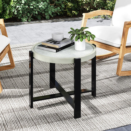 Round Small Garden Table, 60cm Outdoor Side Table with Faux Marble Tempered Glass Top, Aluminium Frame for Garden, Patio, Balcony, Light Grey