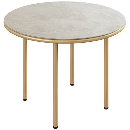 Round Coffee Table, Modern End Side Table with Faux Marble Tempered Glass Top, Steel Frame for Living Room, Bedroom, Office, Beige