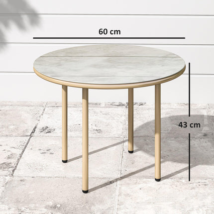 Round Coffee Table, Modern End Side Table with Faux Marble Tempered Glass Top, Steel Frame for Living Room, Bedroom, Office, Beige