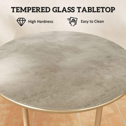 Round Coffee Table, Modern End Side Table with Faux Marble Tempered Glass Top, Steel Frame for Living Room, Bedroom, Office, Beige