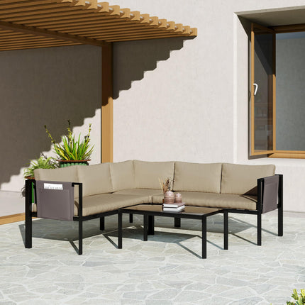 4 Piece 5 Seater Metal Garden Sofa Set with Cushions - Khaki