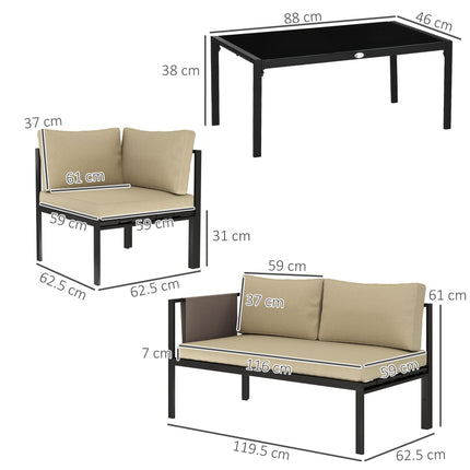 4 Piece 5 Seater Metal Garden Sofa Set with Cushions - Khaki