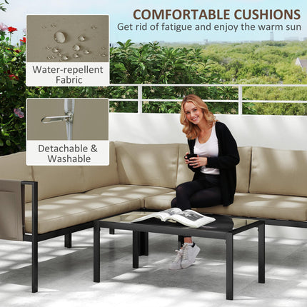 4 Piece 5 Seater Metal Garden Sofa Set with Cushions - Khaki