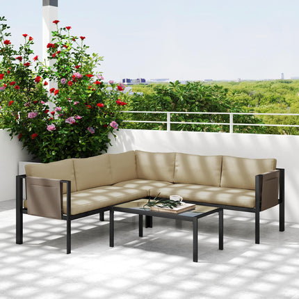 4 Piece 5 Seater Metal Garden Sofa Set with Cushions - Khaki