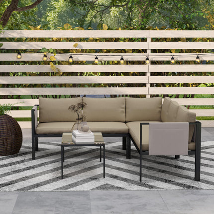 4 Piece 5 Seater Metal Garden Sofa Set with Cushions - Khaki