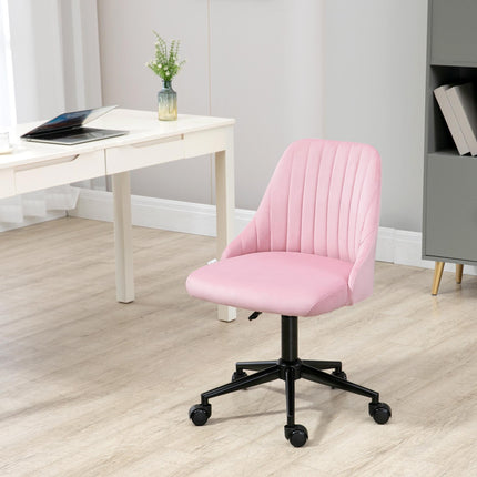 Velvet-Feel Armless Office Chair with Wheels and Adjustable Height - Pink
