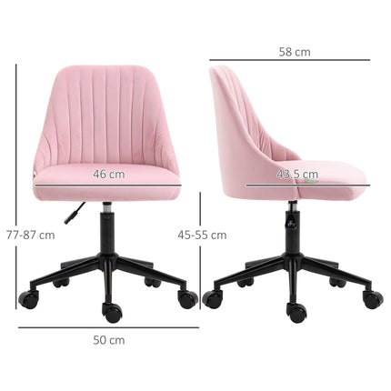Velvet-Feel Armless Office Chair with Wheels and Adjustable Height - Pink