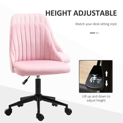 Velvet-Feel Armless Office Chair with Wheels and Adjustable Height - Pink