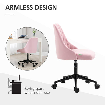 Velvet-Feel Armless Office Chair with Wheels and Adjustable Height - Pink