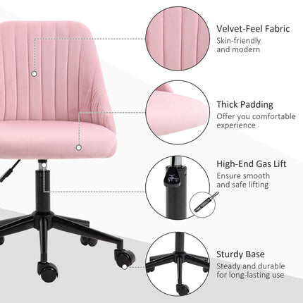 Velvet-Feel Armless Office Chair with Wheels and Adjustable Height - Pink