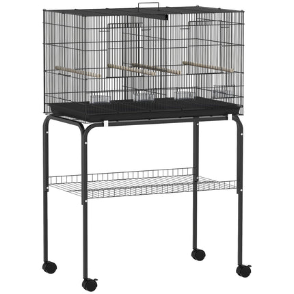 Bird Cage with Divider, 4 Wooden Perches, Slide Out Tray, 4 Feeders, for Budgie, Lovebird, Canary, 76 x 46 x 116cm Black