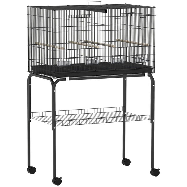 Bird Cage with Divider, 4 Wooden Perches, Slide Out Tray, 4 Feeders, for Budgie, Lovebird, Canary, 76 x 46 x 116cm Black