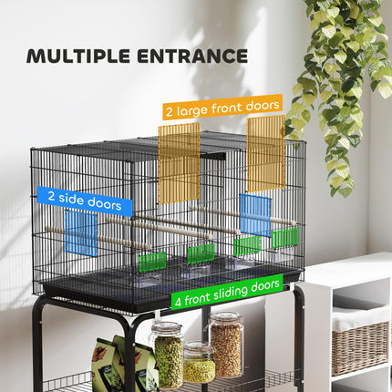 Bird Cage with Divider, 4 Wooden Perches, Slide Out Tray, 4 Feeders, for Budgie, Lovebird, Canary, 76 x 46 x 116cm Black