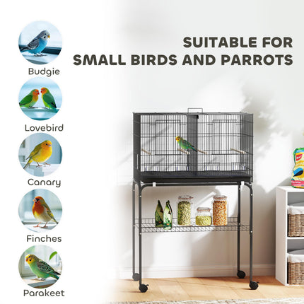 Bird Cage with Divider, 4 Wooden Perches, Slide Out Tray, 4 Feeders, for Budgie, Lovebird, Canary, 76 x 46 x 116cm Black