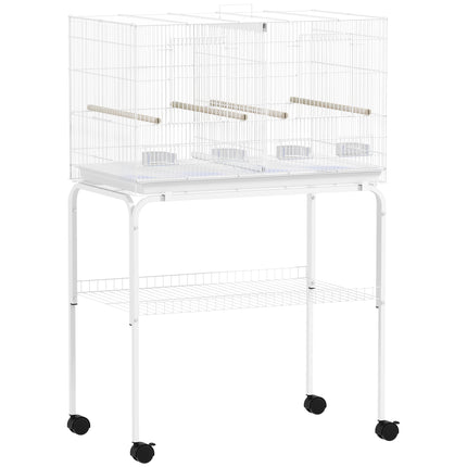 Bird Cage with Divider, 4 Wooden Perches, Slide Out Tray, 4 Feeders, for Budgie, Lovebird, Canary, 76 x 46 x 116cm White