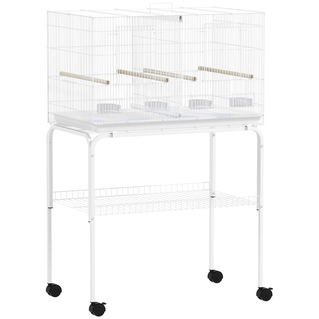 Bird Cage with Divider, 4 Wooden Perches, Slide Out Tray, 4 Feeders, for Budgie, Lovebird, Canary, 76 x 46 x 116cm White
