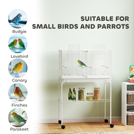 Bird Cage with Divider, 4 Wooden Perches, Slide Out Tray, 4 Feeders, for Budgie, Lovebird, Canary, 76 x 46 x 116cm White