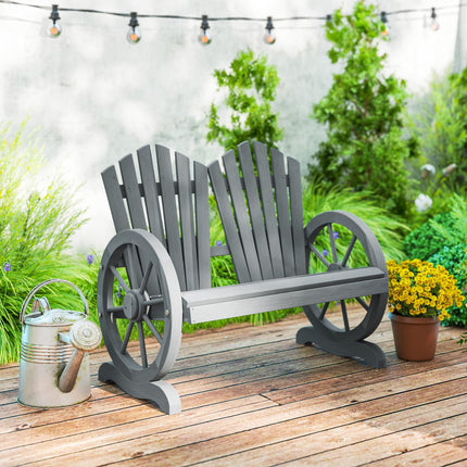 Fir Wood Love Seat with Wheel-Shaped Armrests Large Load-Bearing Chair - Grey