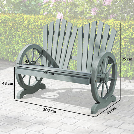 Fir Wood Love Seat with Wheel-Shaped Armrests Large Load-Bearing Chair - Grey