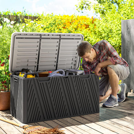 380L Waterproof Outdoor Storage Box with Lockable Lid and Gas Strut - Black