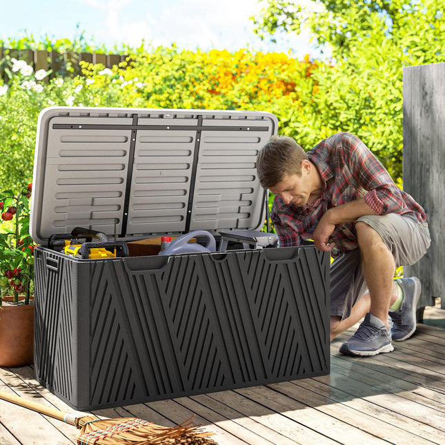 380L Waterproof Outdoor Storage Box with Lockable Lid and Gas Strut - Black