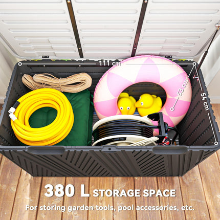380L Waterproof Outdoor Storage Box with Lockable Lid and Gas Strut - Black