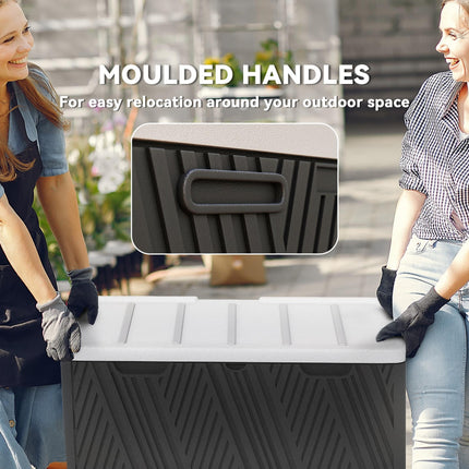 380L Waterproof Outdoor Storage Box with Lockable Lid and Gas Strut - Black