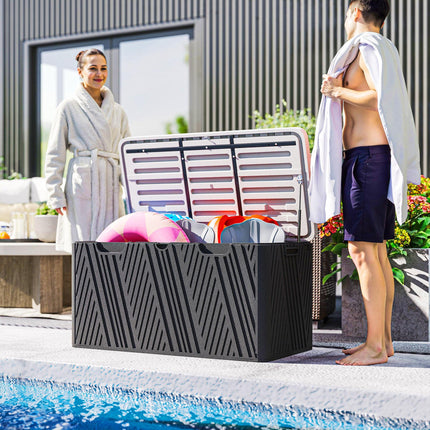 380L Waterproof Outdoor Storage Box with Lockable Lid and Gas Strut - Black