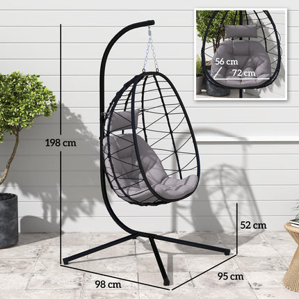 Hanging Egg Chair with Stand and Thick Cushion - Grey