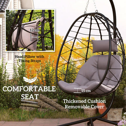 Hanging Egg Chair with Stand and Thick Cushion - Grey