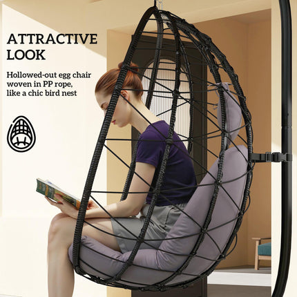 Hanging Egg Chair with Stand and Thick Cushion - Grey