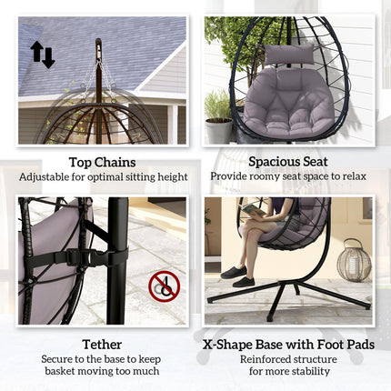 Hanging Egg Chair with Stand and Thick Cushion - Grey