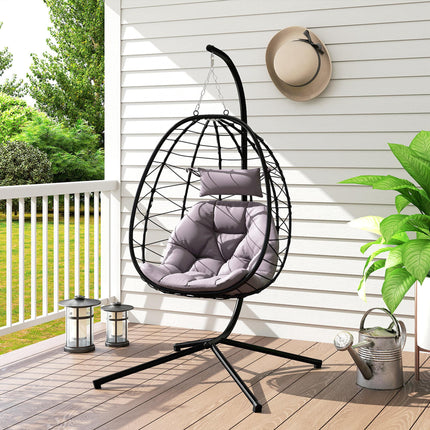 Hanging Egg Chair with Stand and Thick Cushion - Grey