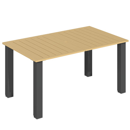 Garden Dining Table for 6 with Parasol Hole, Rectangle Outdoor Garden Table with Slatted Metal Top, Steel Frame, Brown