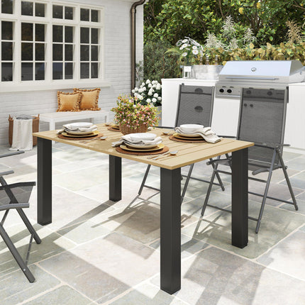 Garden Dining Table for 6 with Parasol Hole, Rectangle Outdoor Garden Table with Slatted Metal Top, Steel Frame, Brown