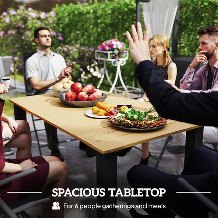 Garden Dining Table for 6 with Parasol Hole, Rectangle Outdoor Garden Table with Slatted Metal Top, Steel Frame, Brown