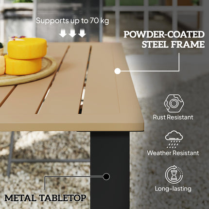 Garden Dining Table for 6 with Parasol Hole, Rectangle Outdoor Garden Table with Slatted Metal Top, Steel Frame, Brown
