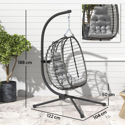 Rattan Hanging Egg Chair, Foldable Wicker Hammock Swing Chair with Cushion, Stand, Adjustable Height, Head Pillow, Steel Frame for Garden Patio Indoor Outdoor, Light Grey