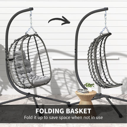 Rattan Hanging Egg Chair, Foldable Wicker Hammock Swing Chair with Cushion, Stand, Adjustable Height, Head Pillow, Steel Frame for Garden Patio Indoor Outdoor, Light Grey
