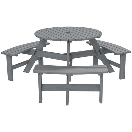 6 Seater Round Wooden Picnic Table with 3 Benches and Umbrella Hole - Grey